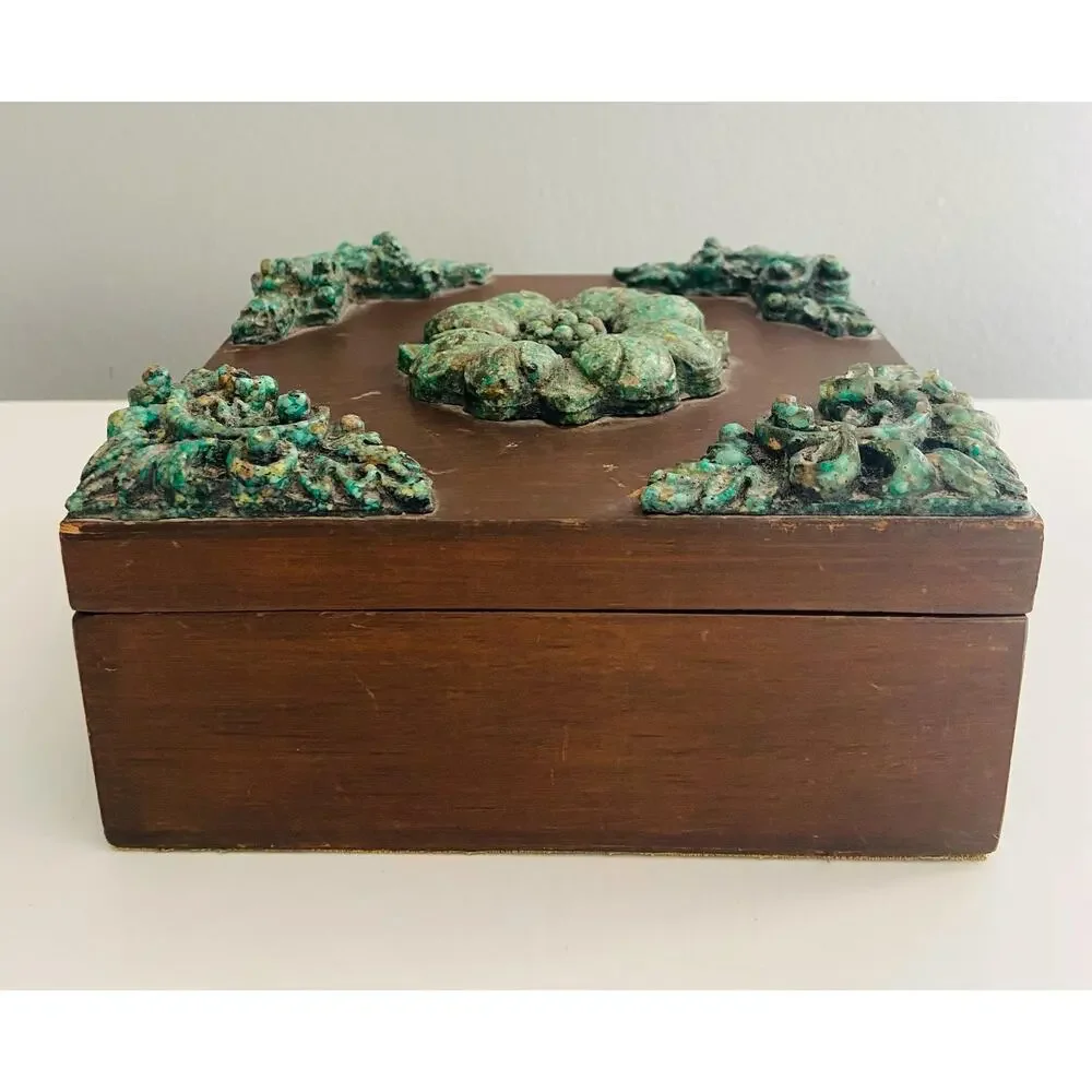 Vintage Ornate Wooden Jewelry Trinket Box Faux Green Flowers, Felt Lining, 6